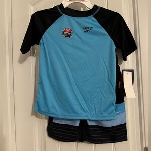 Great Reebok boys size 6 blue turquoise rash guard swim trunks swim set UPF50